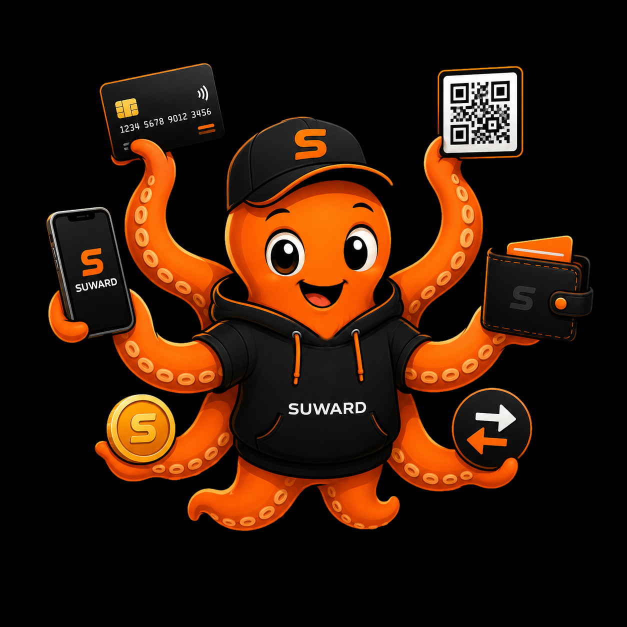Suward, the friendly ember-orange octopus mascot, arms fanned out, one arm extending an address-key, on a dark scene.
