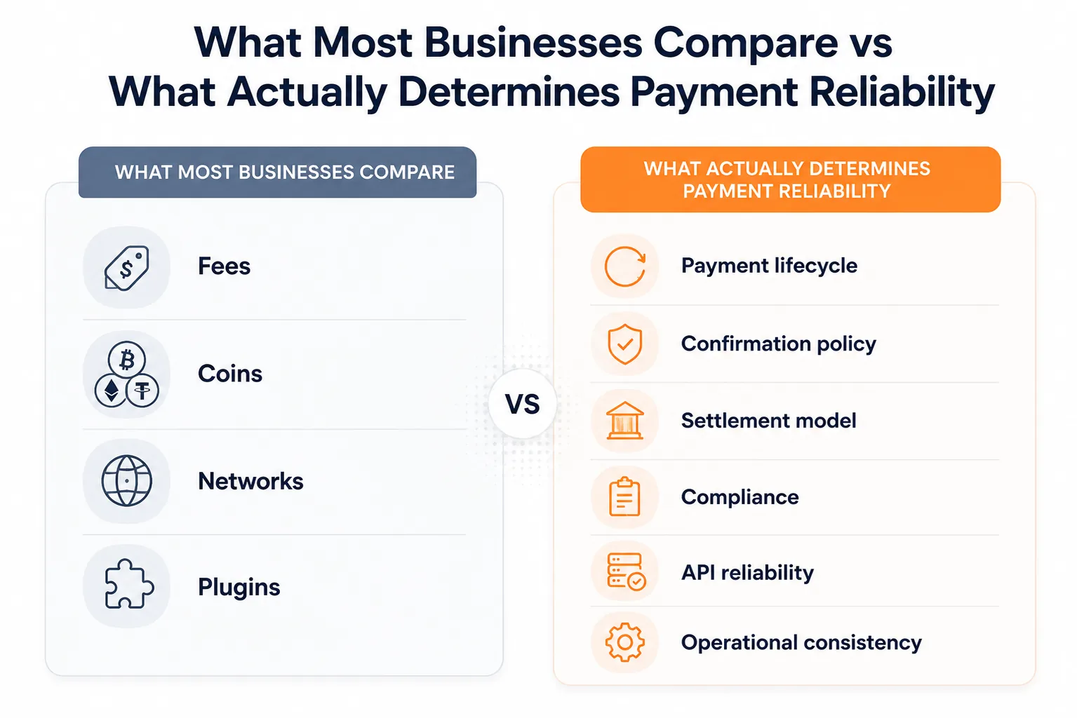 What most comparisons check (fees, coin count, networks, plugins) against what actually determines reliability (lifecycle, confirmation policy, settlement, compliance, API design)