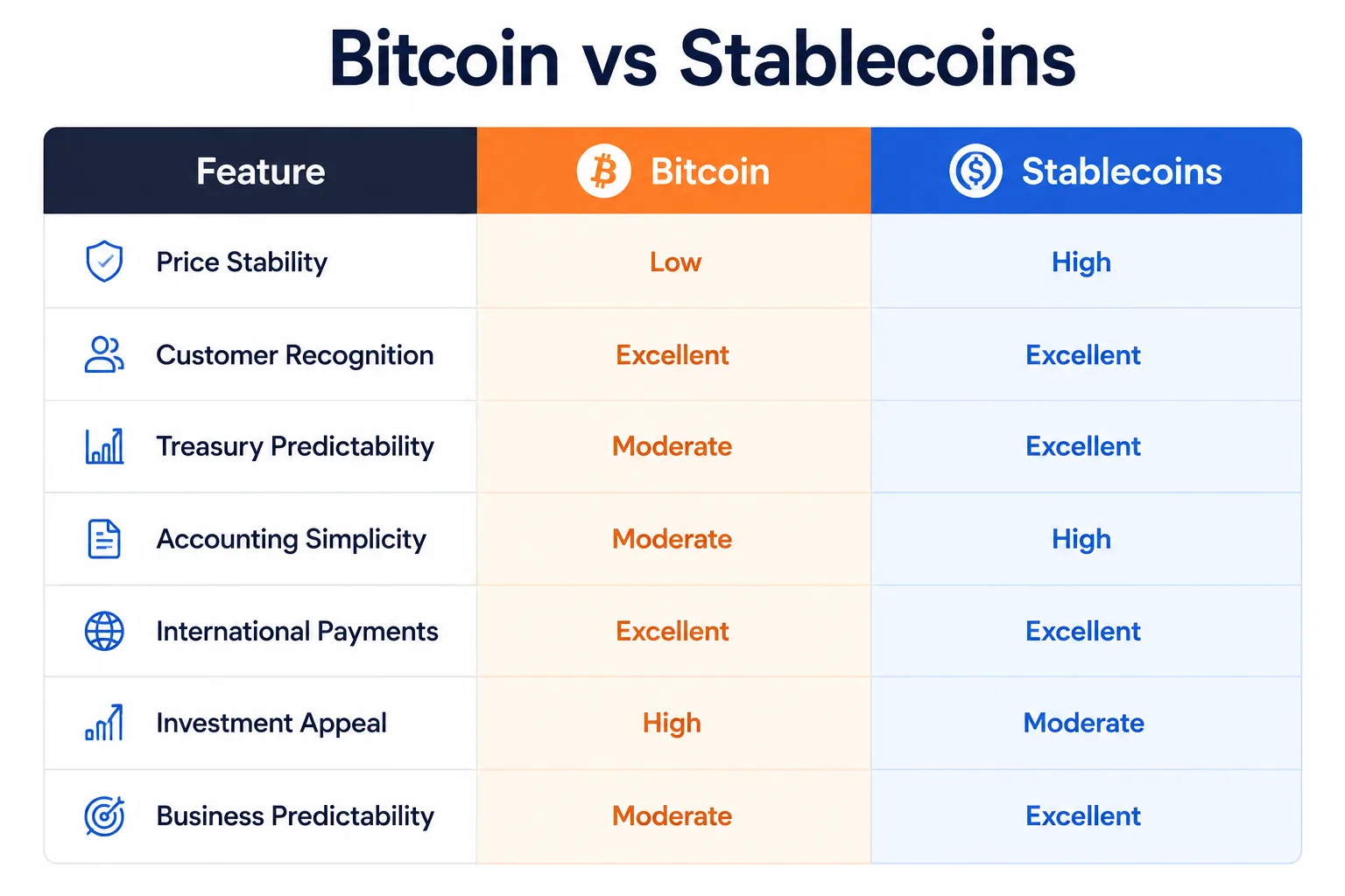 Comparison table scoring Bitcoin against stablecoins across seven criteria: price stability, customer recognition, treasury predictability, accounting simplicity, international payments, investment appeal, and business predictability